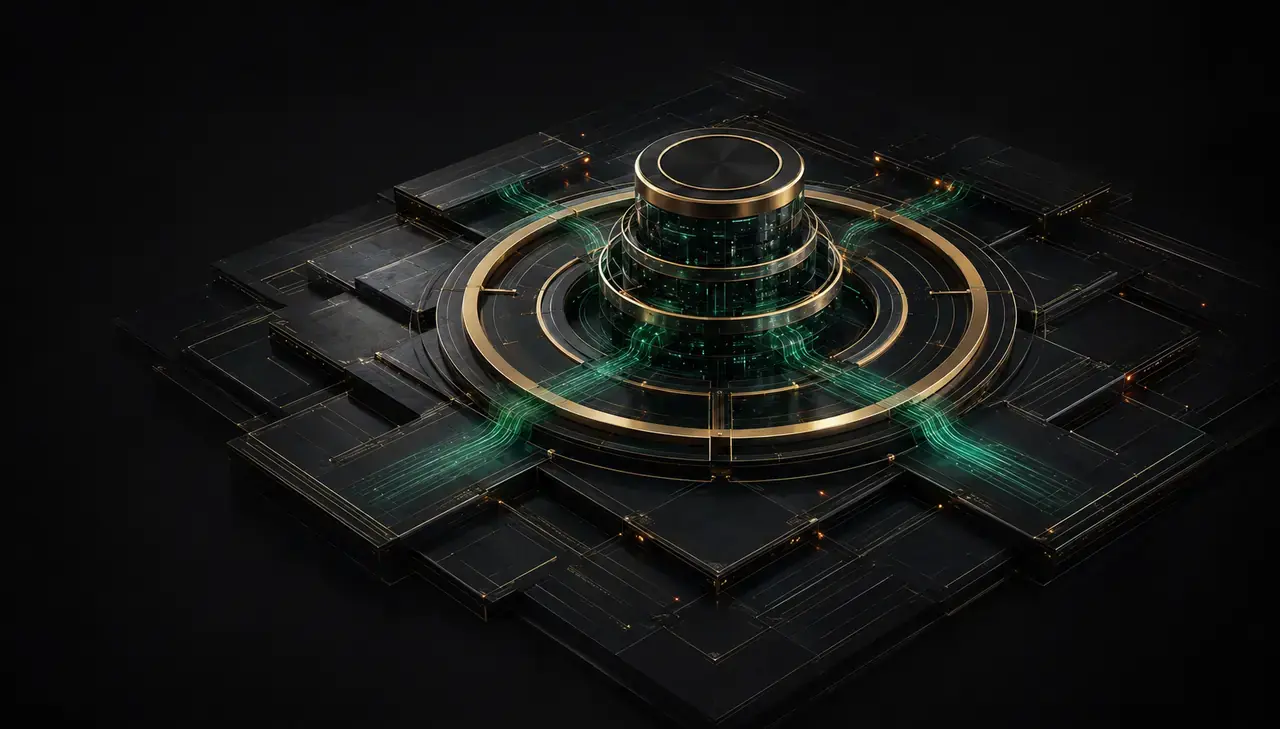 An architectural business operating system rendered in black glass, brushed gold, and emerald light